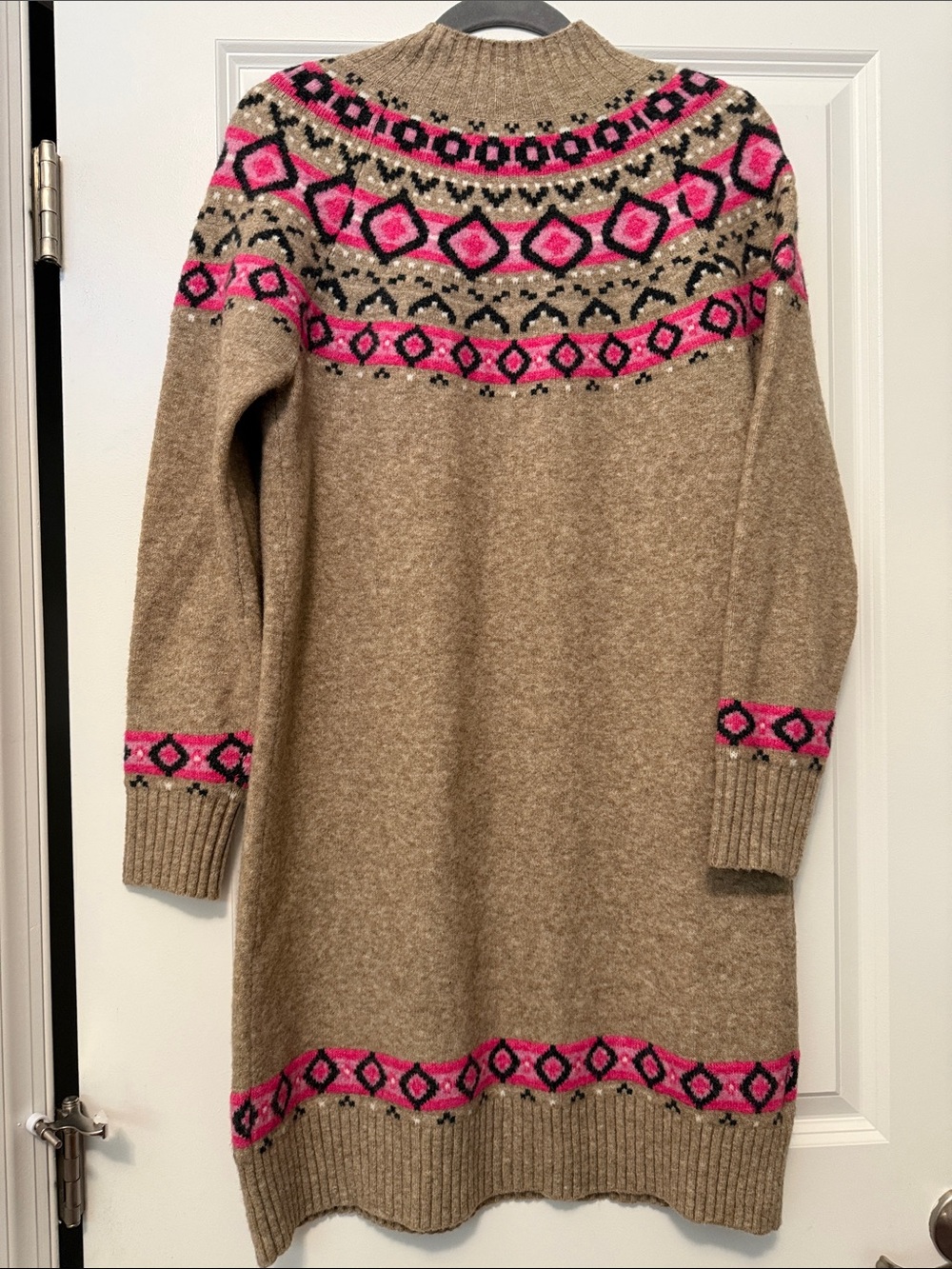 LOFT Tan Sweater Dress with Pink and Black Fair Isle Yoke - Picture 4 of 4